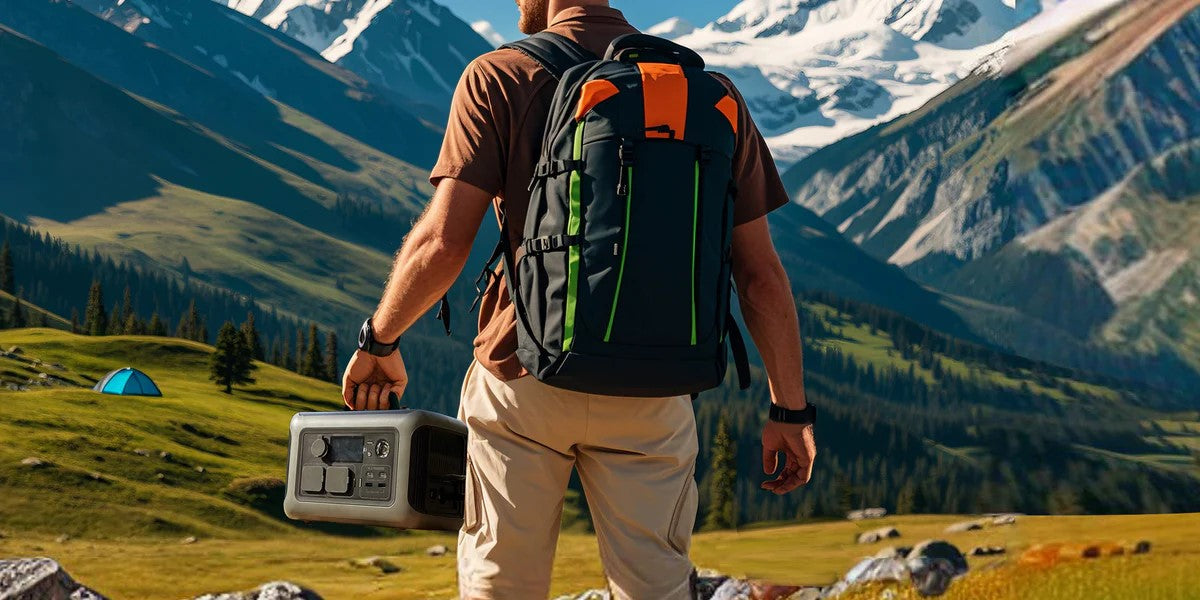 Uma pessoa em equipamento de outdoor carregando uma estação de energia enquanto faz trilha em uma paisagem montanhosa, com uma tenda ao fundo.