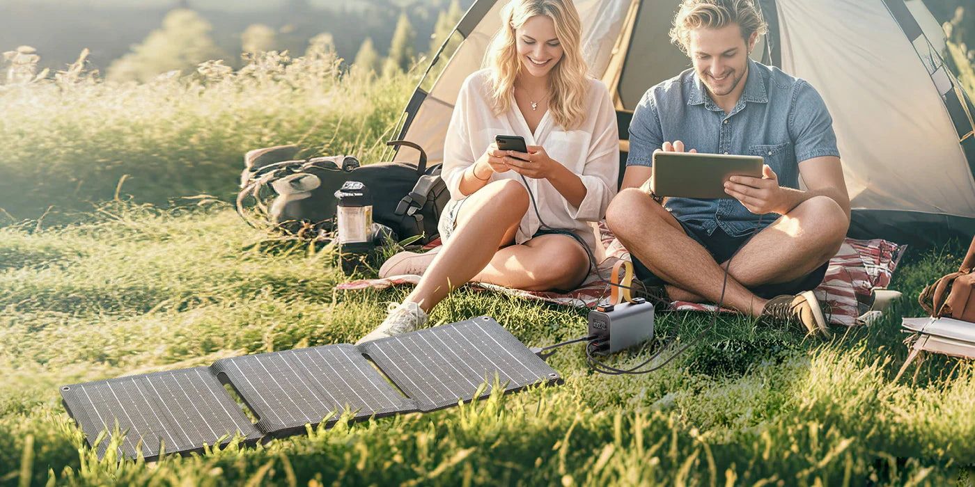 Cena de acampamento ao ar livre, com um casal usando um painel solar dobrável e uma estação de energia portátil para carregar smartphone e tablet