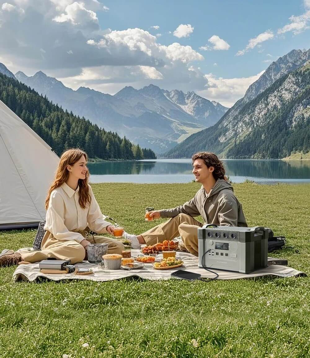 Casal desfrutando um piquenique ao ar livre perto de um lago, cercado por montanhas, com comida e bebidas.