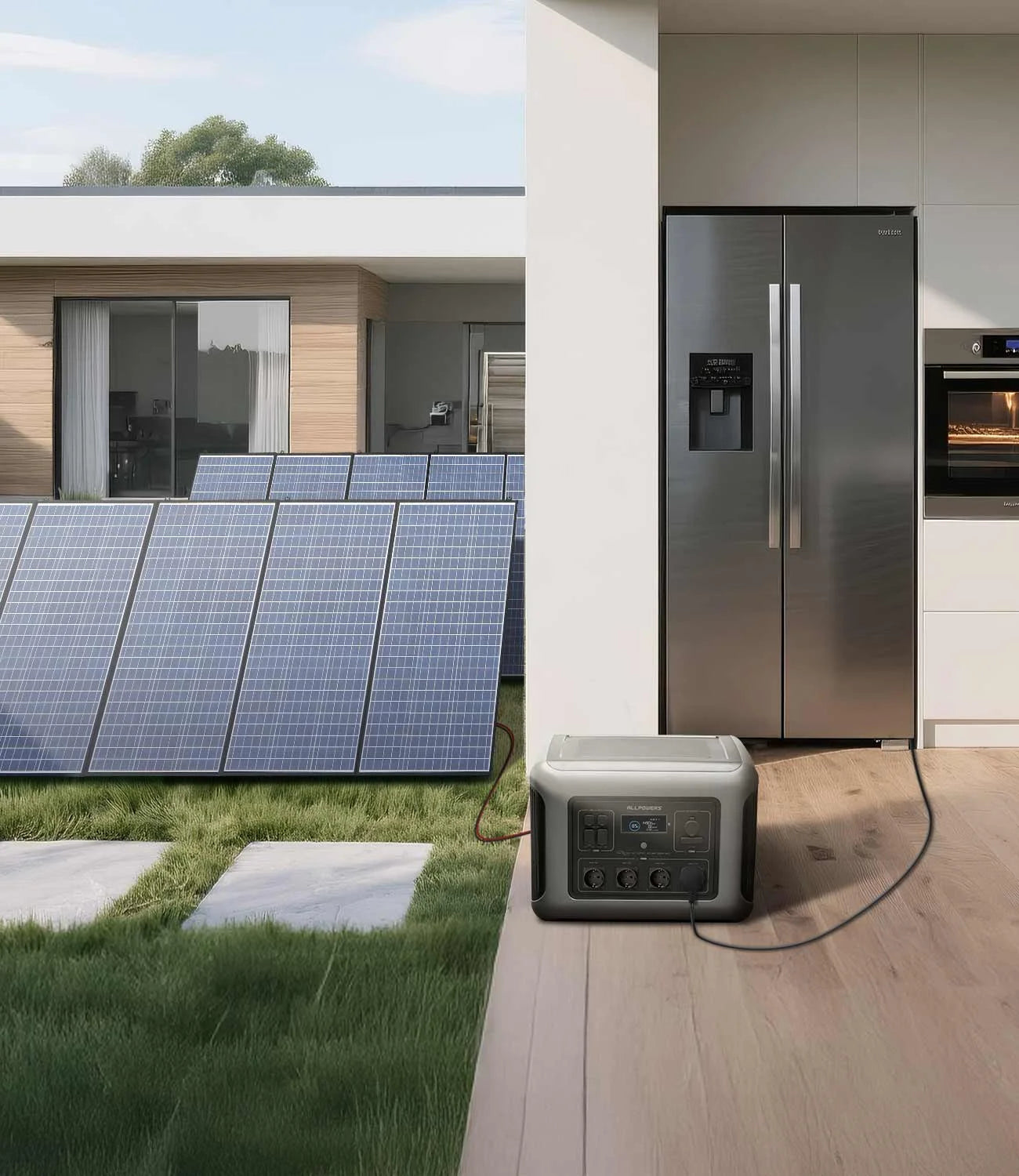 ALLPOWERS Painel solar carregando uma geladeira portátil.