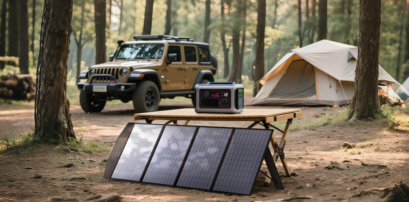 Painel solar portátil dobrável com gerador, usado em acampamento ao lado de carro e tenda, solução de energia sem instalação