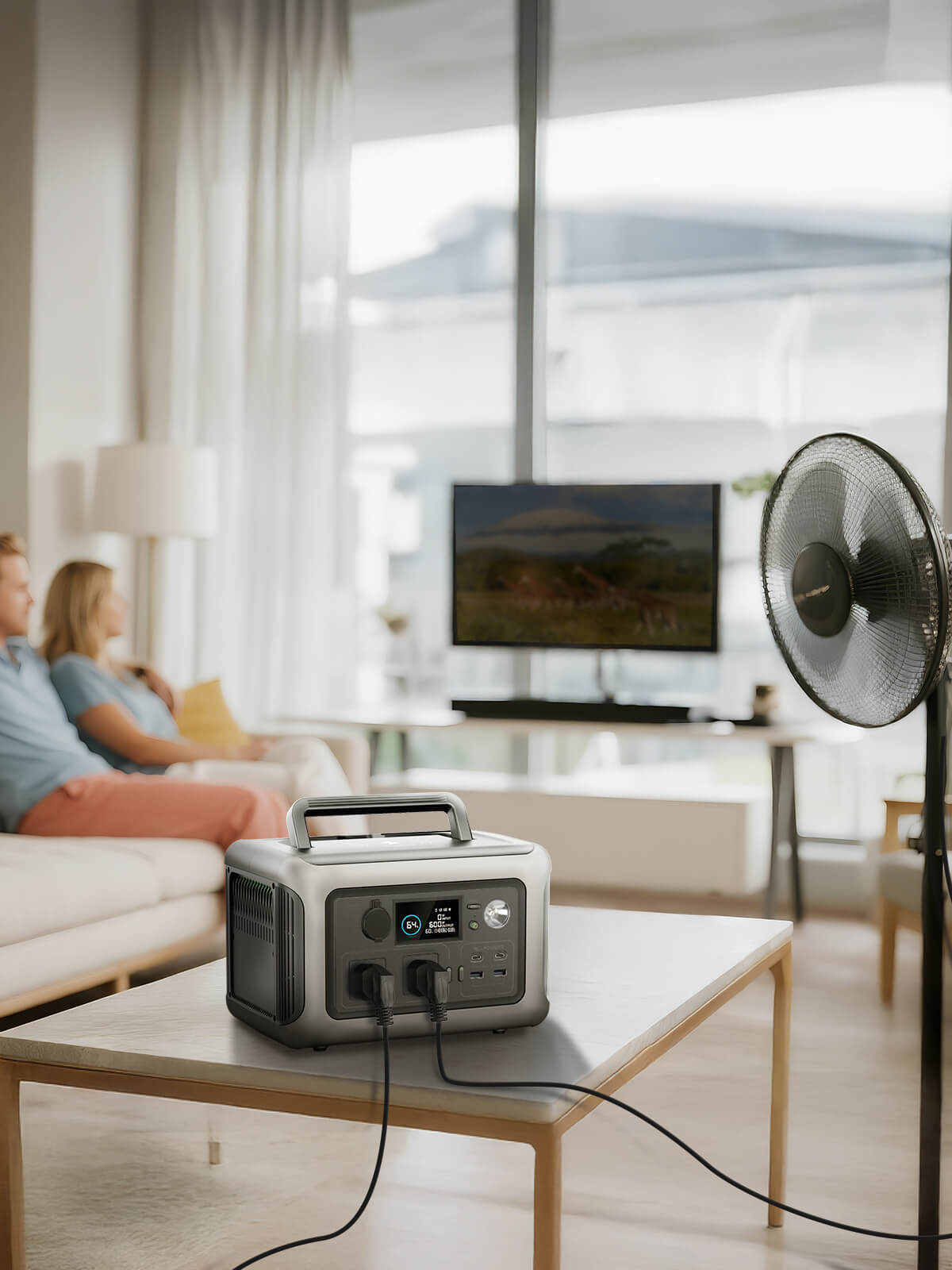 ALLPOWERS R600 estação de energia portátil ligada na sala de estar, alimentando TV e ventilador, garantindo conforto durante quedas de energia